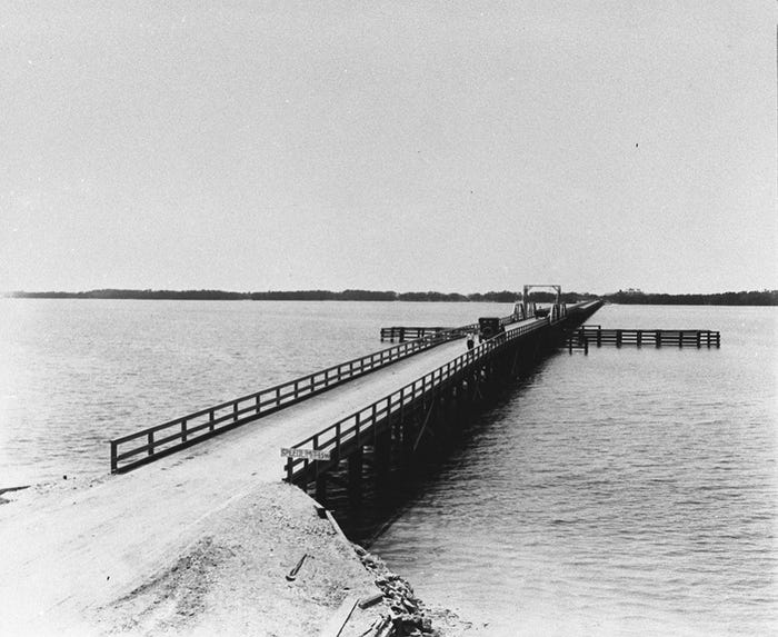 The original Anna Maria Island bridge — just wide enough for a Model-T, connecting the island to the mainland